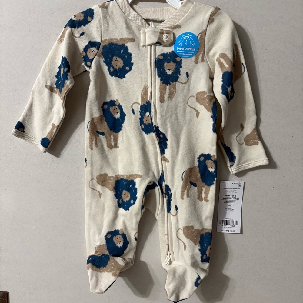NWT Carter's Newborn Unisex Cream and Blue Lion Print Footie with 2 Way Zipper